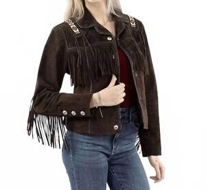 NEW SCULLY fringe and beaded suede jacket in expresso